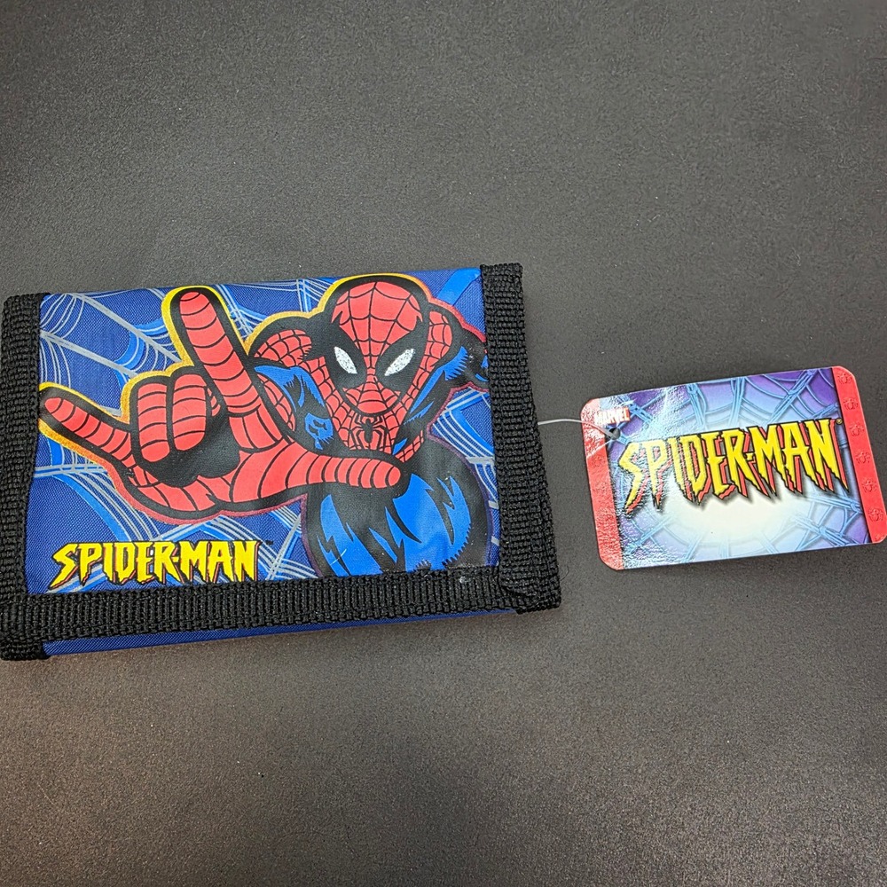 Marvel Spiderman Trifold Wallet Kids Blue 2004 Vintage Nylon Velcro, NWT